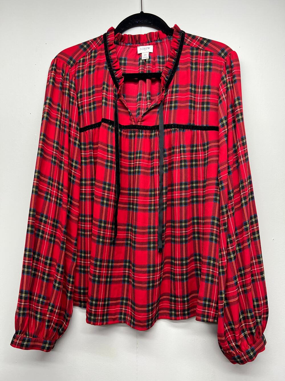 J. Crew Puff Sleeve Plaid Red Sheer Top Women 3X Holiday Christmas Flowy Relaxed